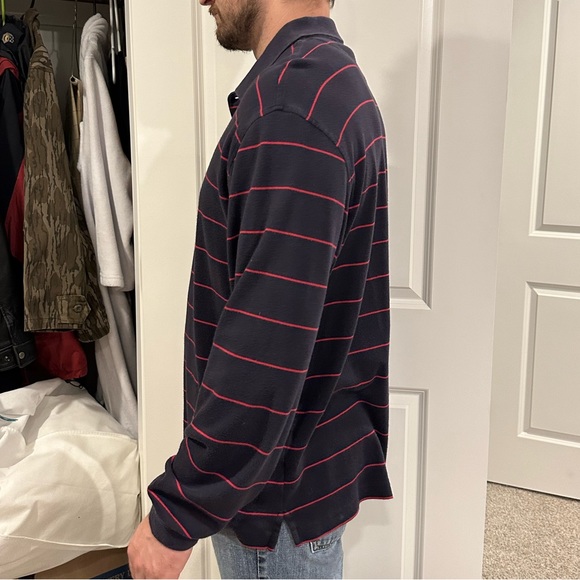 XL Red Striped Land’s End Navy Blue Long Sleeve Polo - Picture 2 of 4